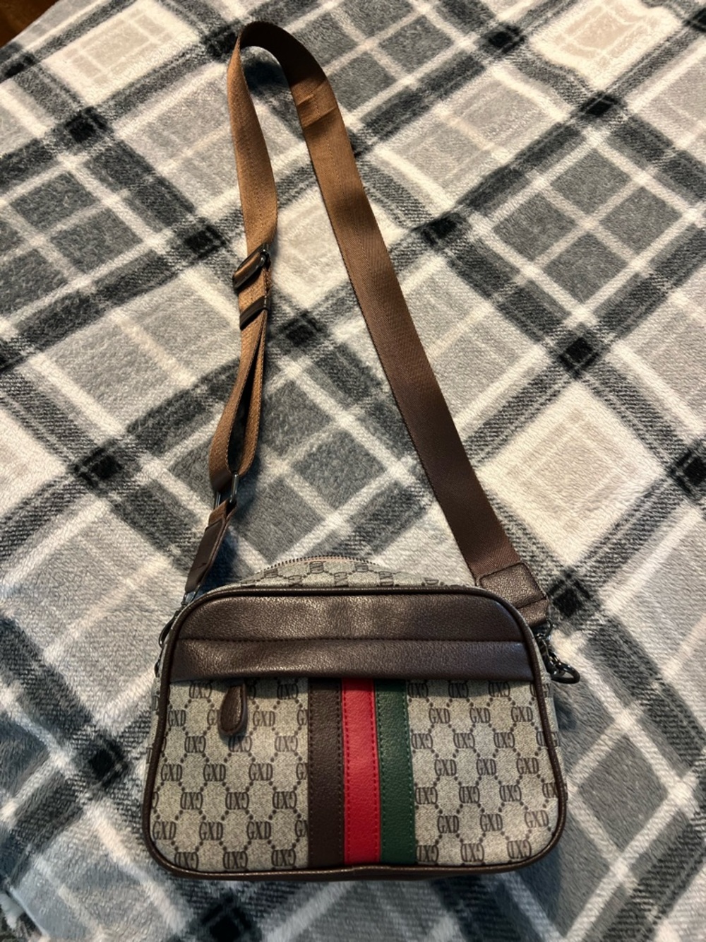 Brown Crossbody Bag with Red & Green Stripe